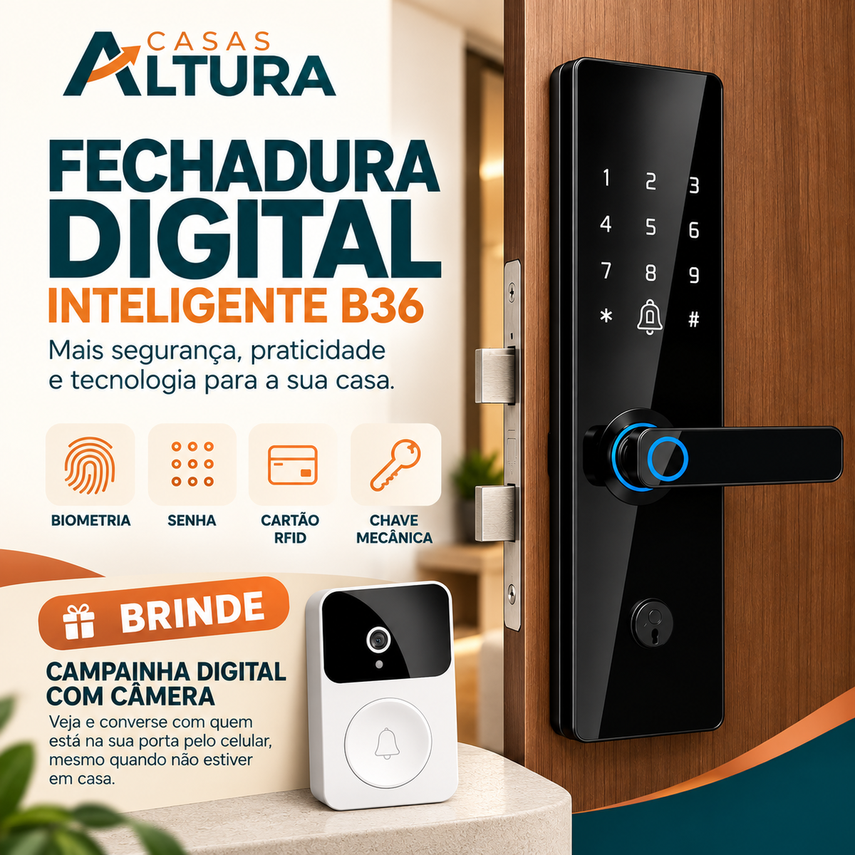 Fechadura Digital Inteligente B36 — Acesso por Biometria, Senha, Cartão + Campainha Digital